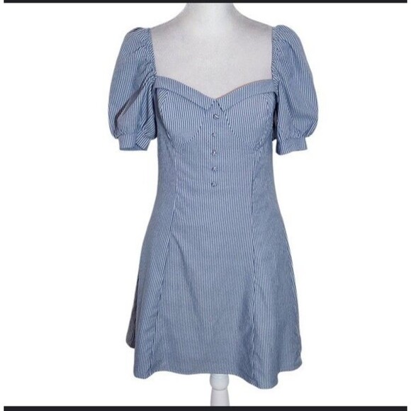 Charlotte Russe XS Dress – Puff Sleeve Corset Mini Blue Pinstripe Cottagecore - Picture 1 of 4